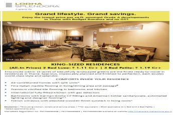 King sized 2 & 3 bed residences @ 1 Cr+ with 0% GST & Budget Bonanza Benefits at Lodha Splendora in Mumbai